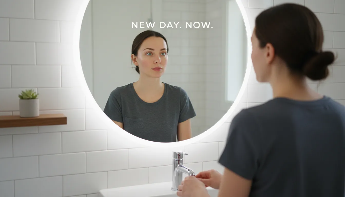 Reflexo no espelho mostrando melhora na pele após parar de comer açúcar por 7 dias, com mais vitalidade e brilho.