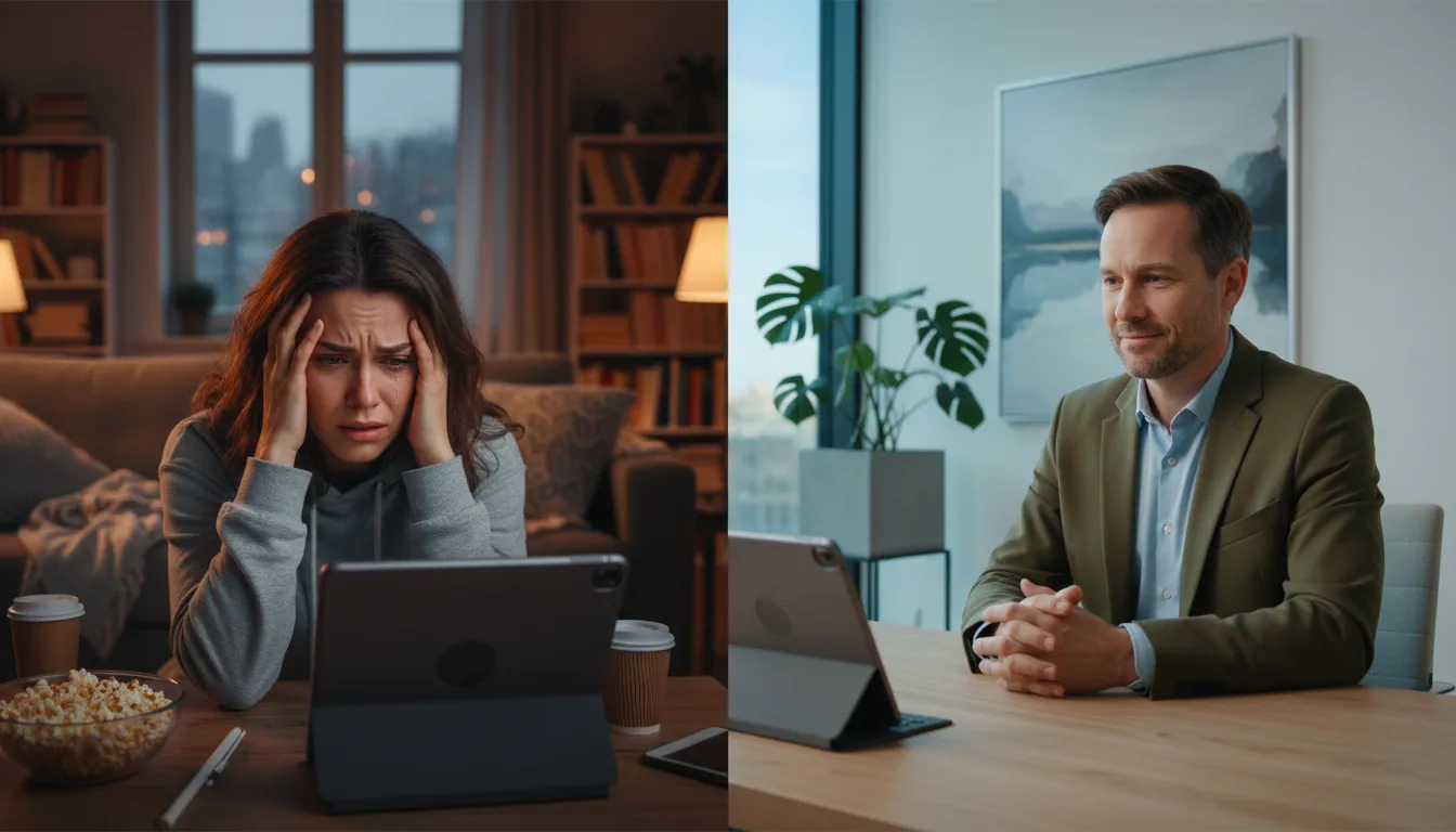 Um paciente estressado e um terapeuta empático em uma sessão de terapias online em 2026, com foco na interação genuína entre eles.