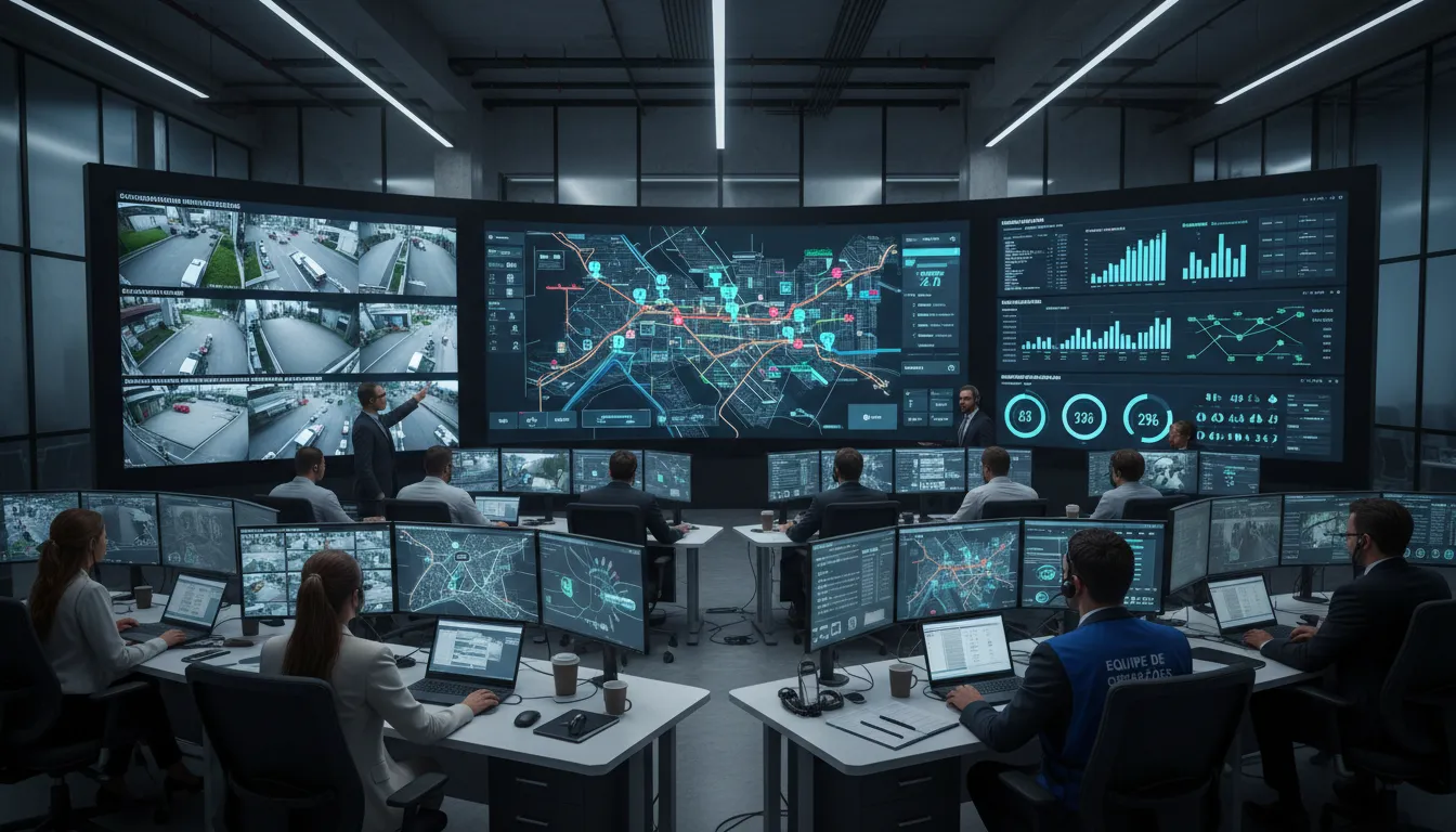 Central de operações monitora iluminação e segurança urbana usando dados de sensores e câmeras ao vivo.