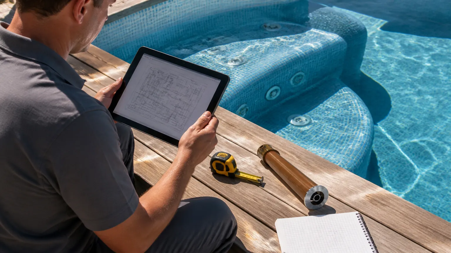 Dimensionamento de bomba para hidromassagem para piscina com verificação técnica à beira d'água.