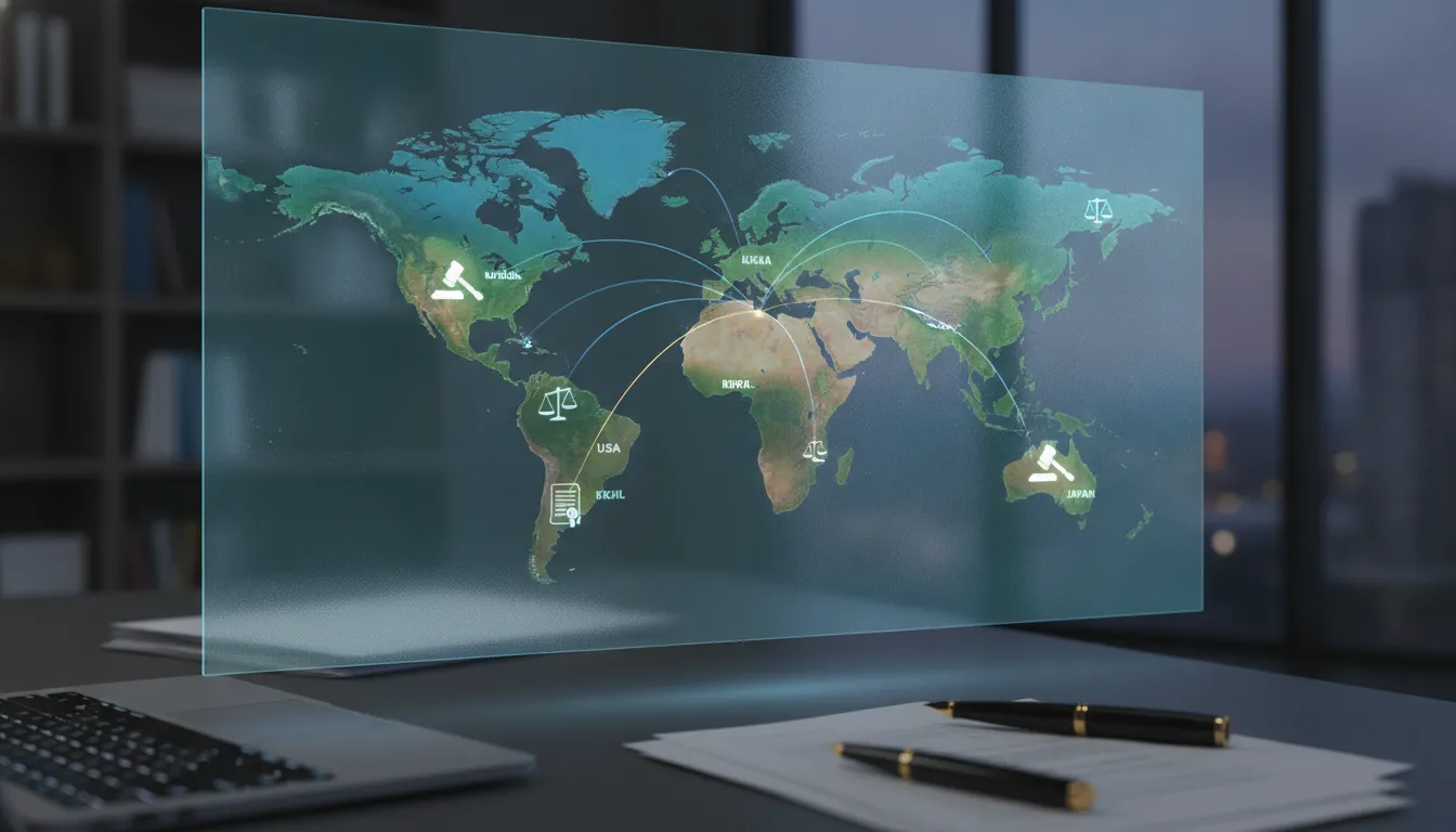 Mapa-múndi iluminado com conexões entre países, representando alcance do apostilamento de haia.
