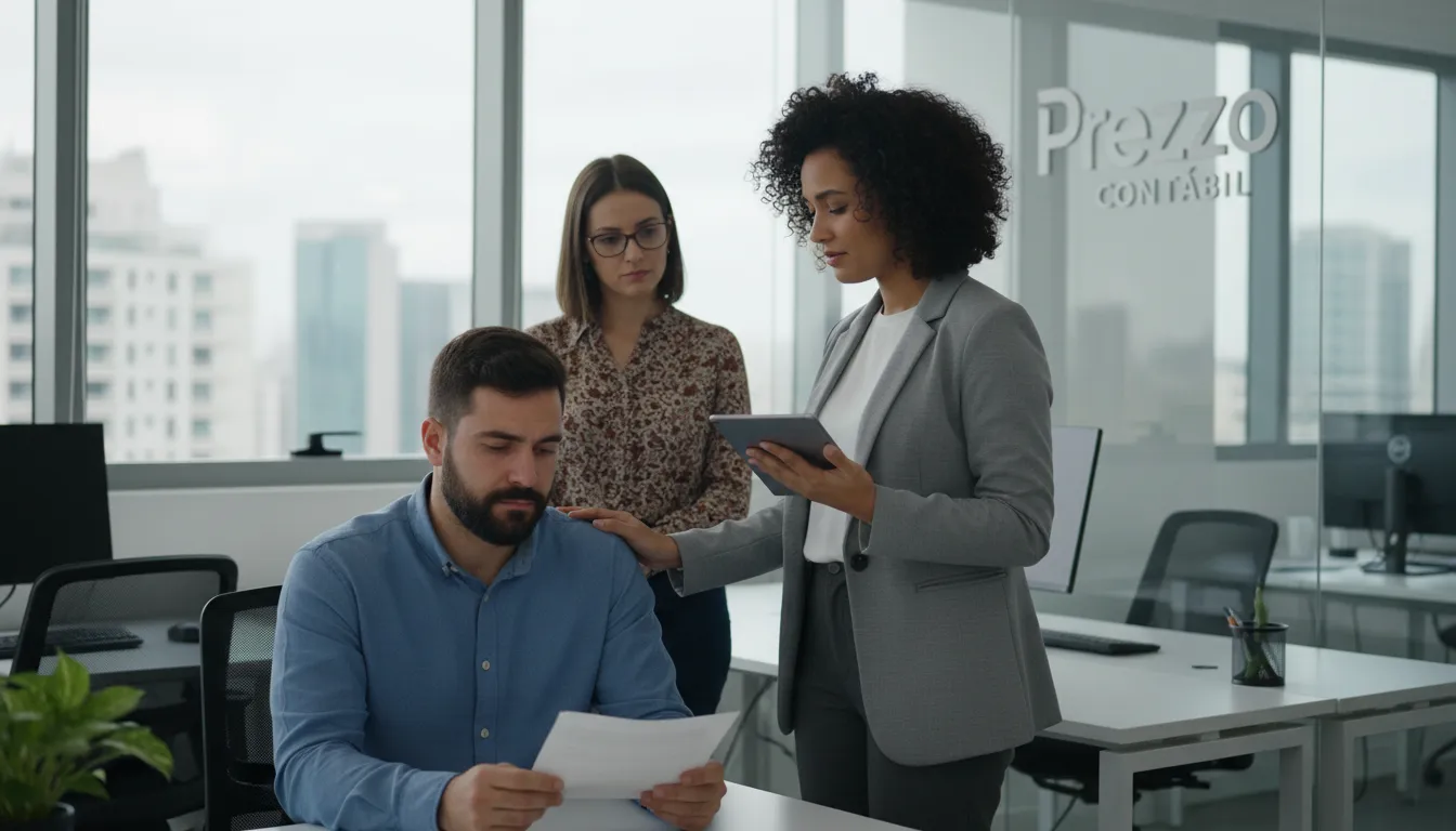 Profissionais diversos em um escritório moderno, um explicando os detalhes do calculo rescisão de contrato para outro com empatia, mostrando o suporte da Prezzo Contábil.