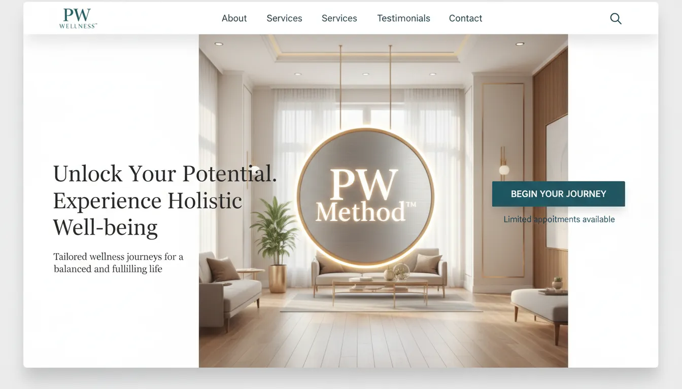 Design de landing page sofisticada destacando o posicionamento premium de uma clínica wellness, demonstrando as ferramentas marketing digital do Método PW™.