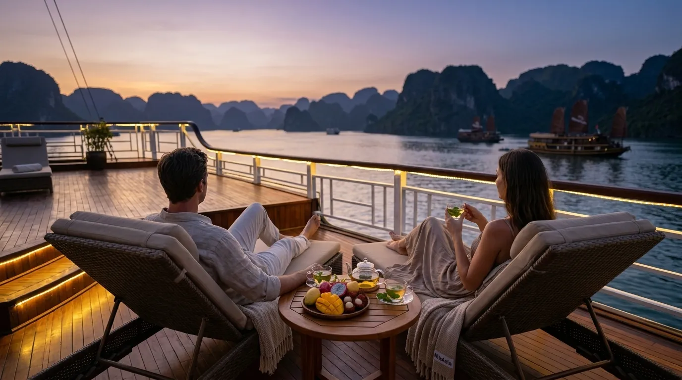 Convés de cruzeiro de luxo ao entardecer contemplando a paisagem da Baía de Halong.