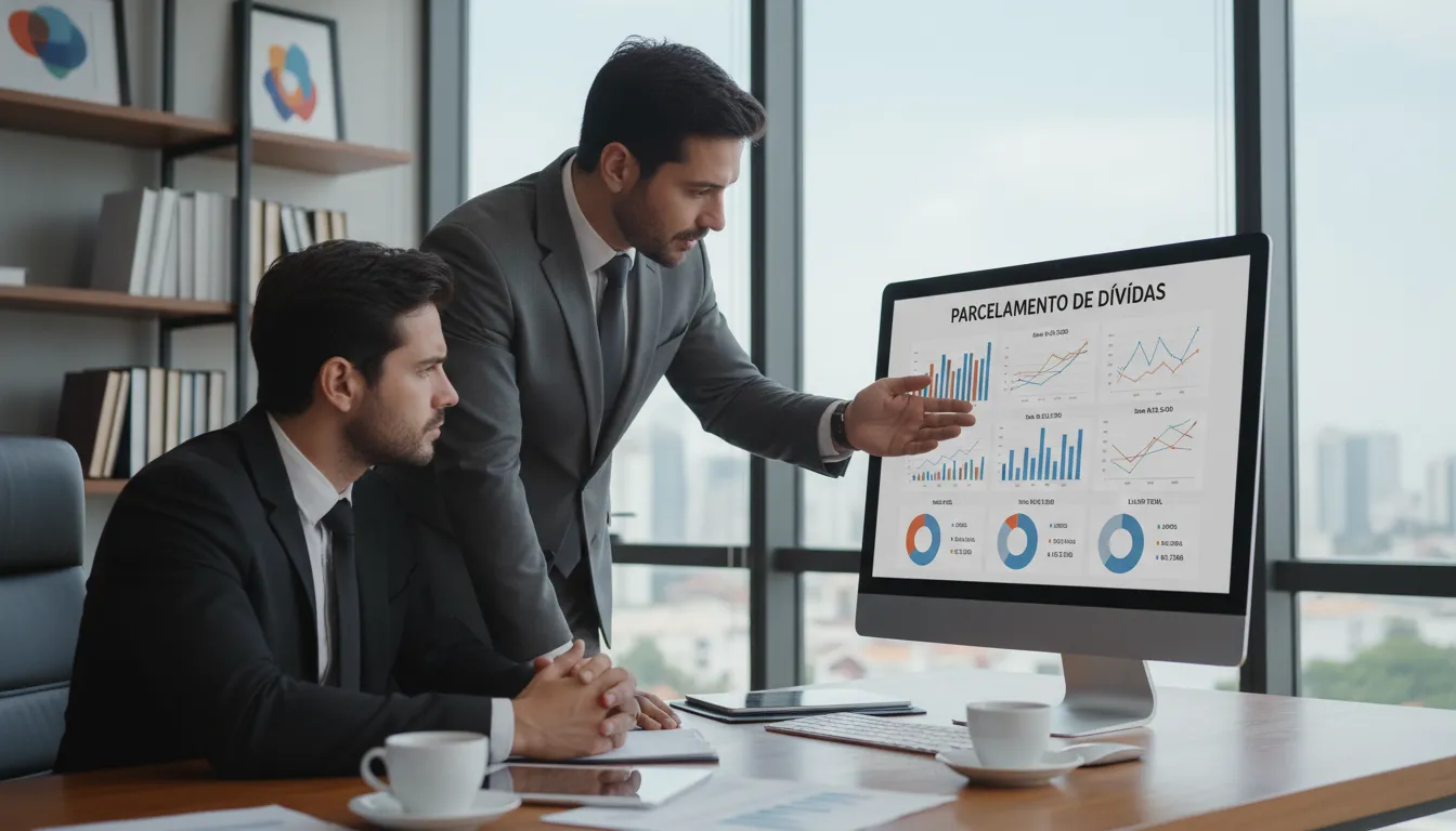 Advogado orientando empresário sobre parcelamento de dívidas em ambiente profissional fotorrealista.