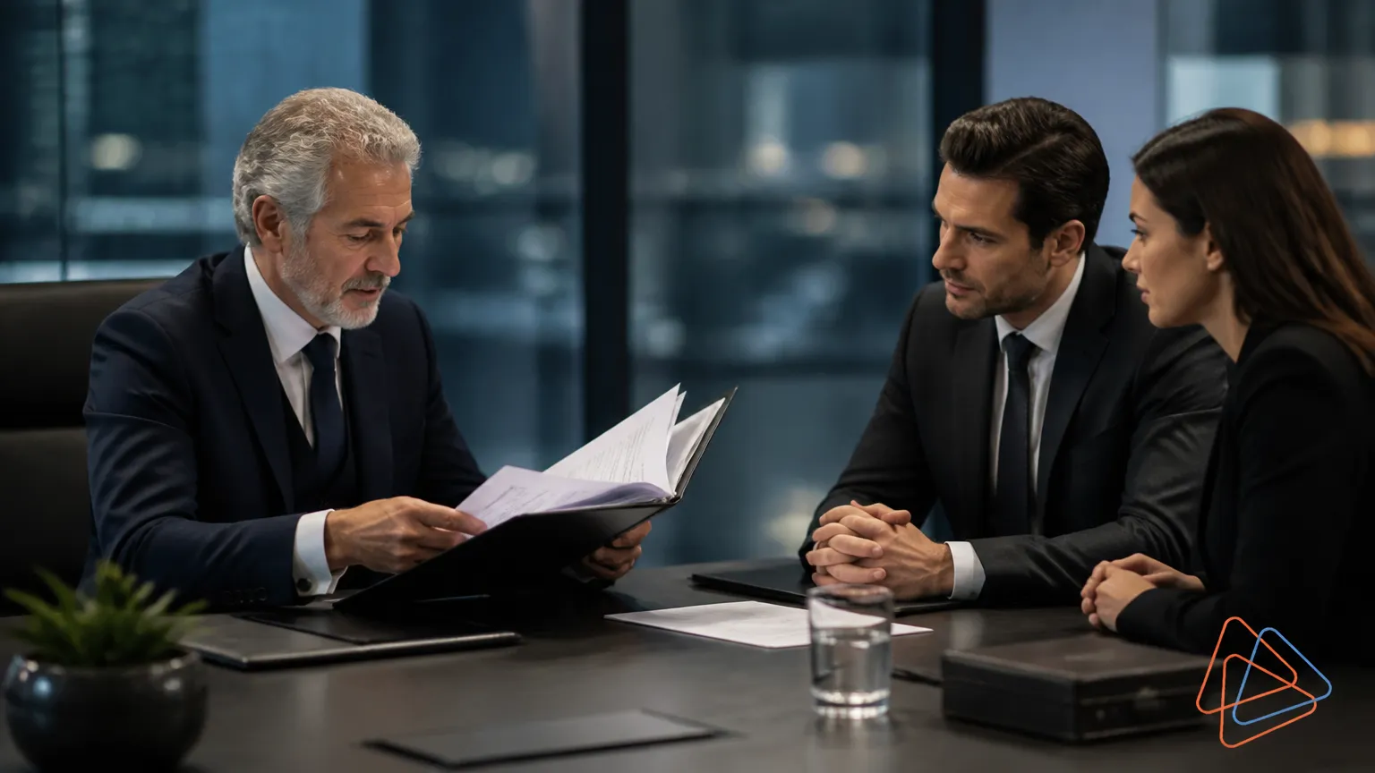 Sessão estratégica de mediação e arbitragem em ambiente corporativo moderno.