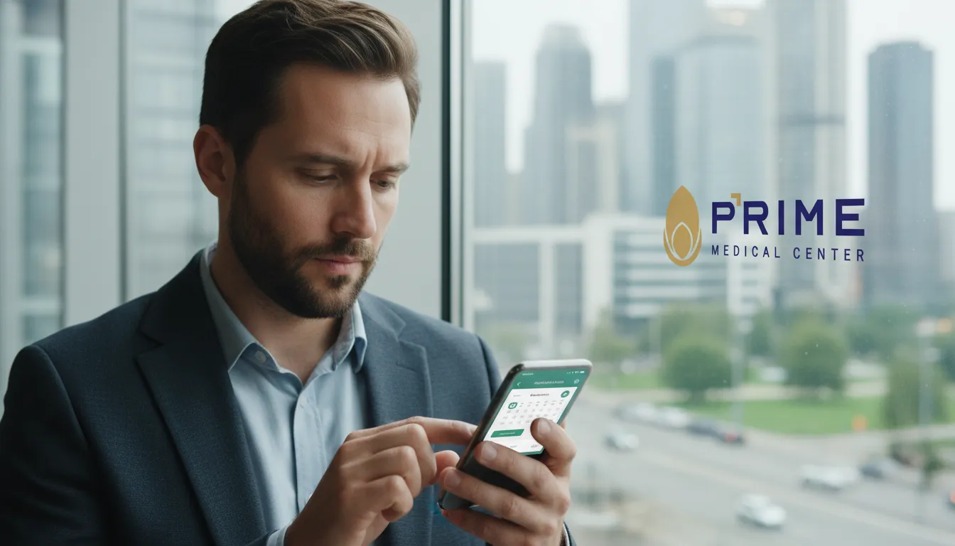 Homem olha para app de agendamento online, buscando solução para ejaculação precoce de forma acessível.