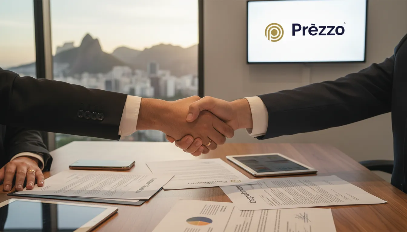 Aperto de mãos selando parceria para abertura de empresa no Rio de Janeiro, com documentos e o skyline ao fundo.