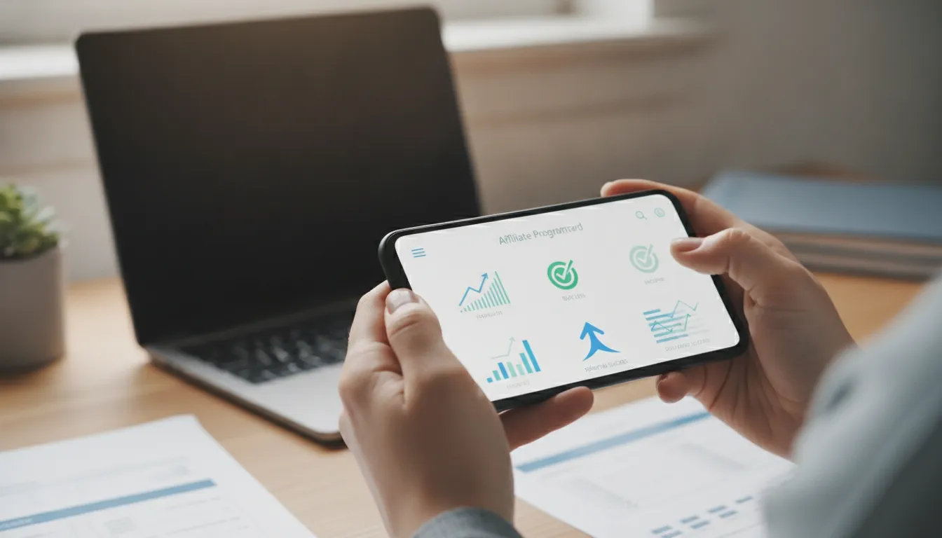 Mãos segurando smartphone com app de afiliados, mostrando como ganhar dinheiro indicando empréstimos.