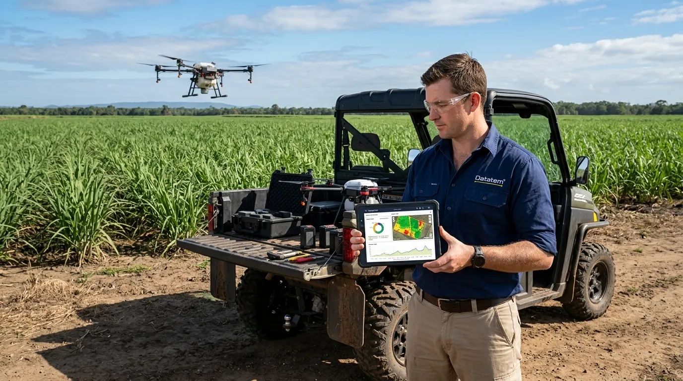 Operador analisa dados de drone via internet rural em campo de cana.