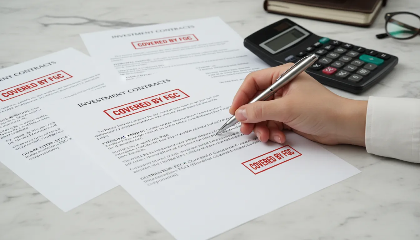 Mesa com contratos de investimento marcados como cobertos pelo FGC, calculadora e mão com caneta
