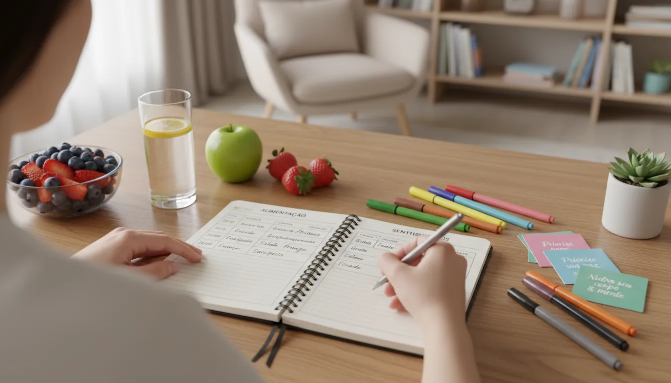 Pessoa faz anotações em diário alimentar, com frutas e copo de água ao lado, representando autocuidado.