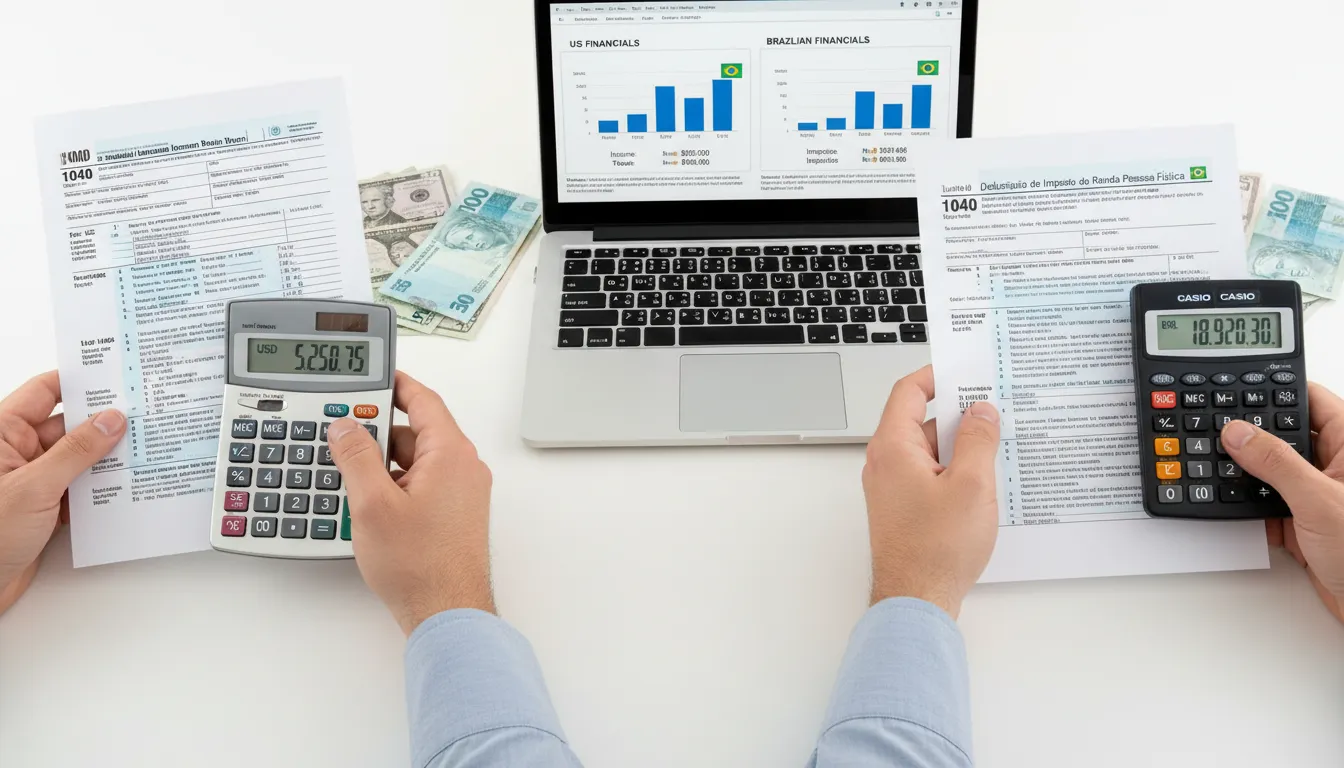 Comparação visual de documentos fiscais dos EUA e Brasil em mesa com laptop e moedas dos dois países.