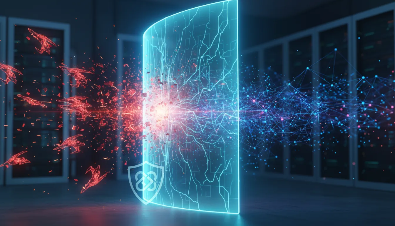 Um firewall digital defende ativamente contra ataques cibernéticos, protegendo a linha ética da InfoLock.