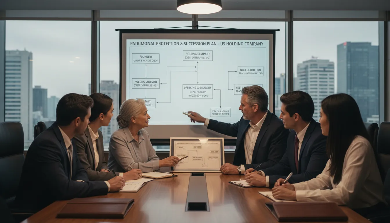 Família empresária revisa planejamento sucessório de holding nos EUA, demonstrando proteção patrimonial.
