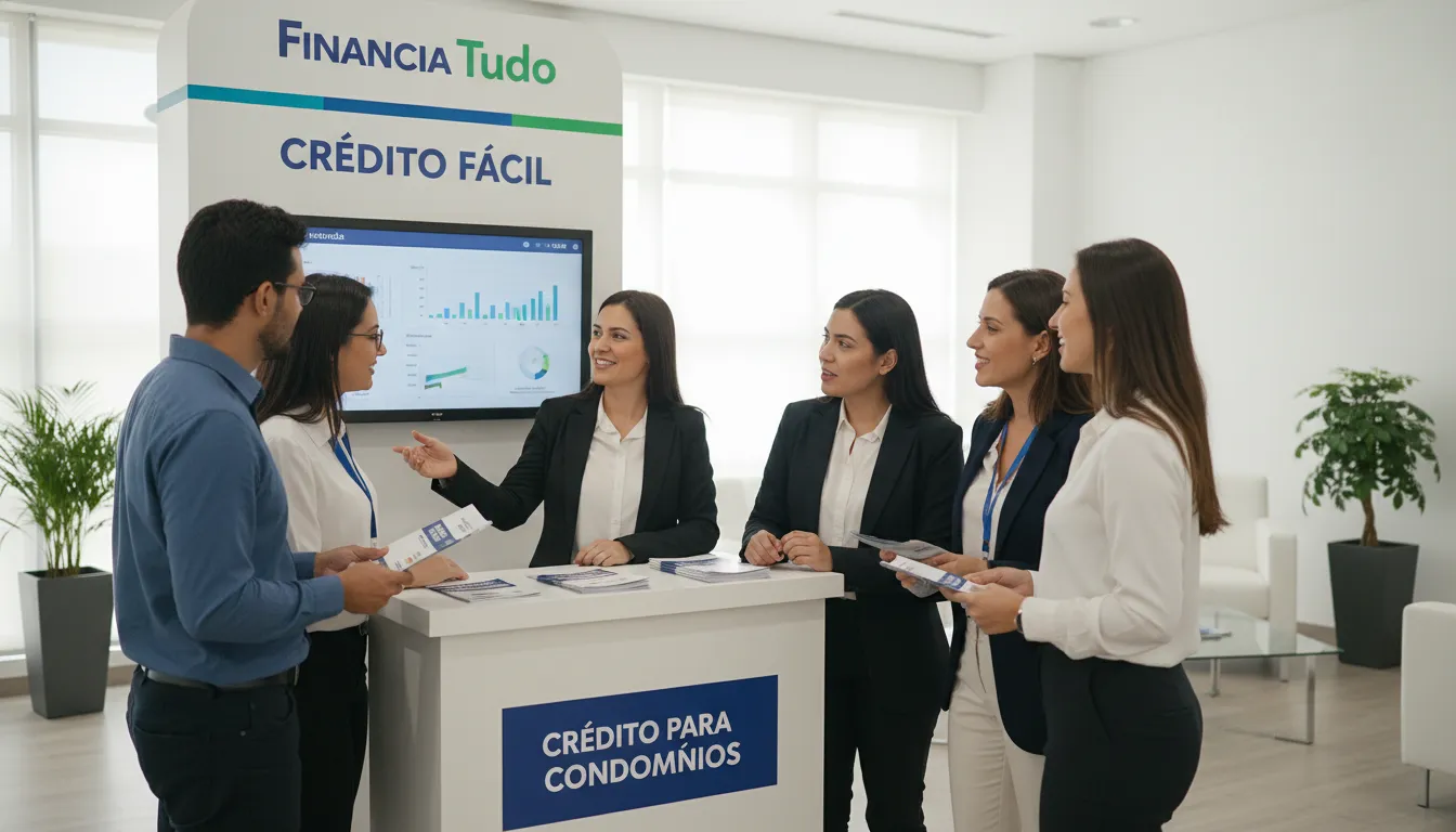 Pessoas diversas discutindo opções de empréstimo para condomínios em um estande da Financia Tudo.
