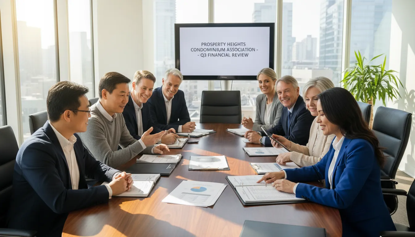 Reunião de moradores em condomínio avaliando opções de crédito com consultor em ambiente colaborativo.