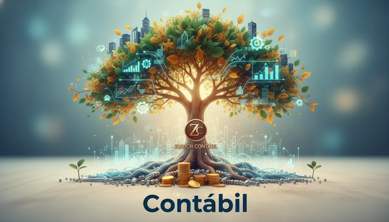 Uma árvore crescendo, representando o crescimento de uma empresa com base em um sólido ponto de equilíbrio financeiro, com o logo da Zurich Contábil.