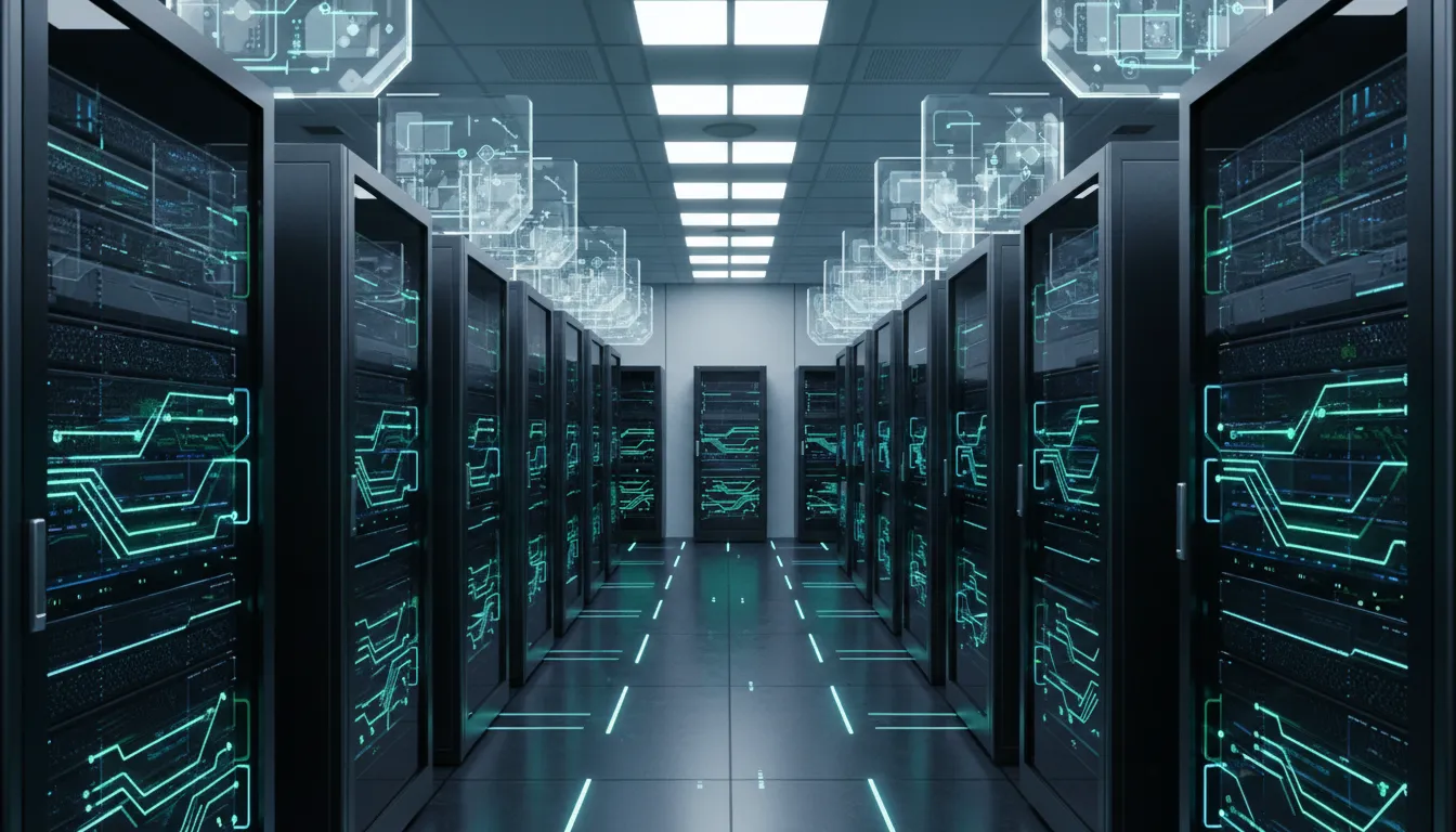 Fluxo de dados seguro em um datacenter moderno, demonstrando a integração da privacidade por design na infraestrutura.