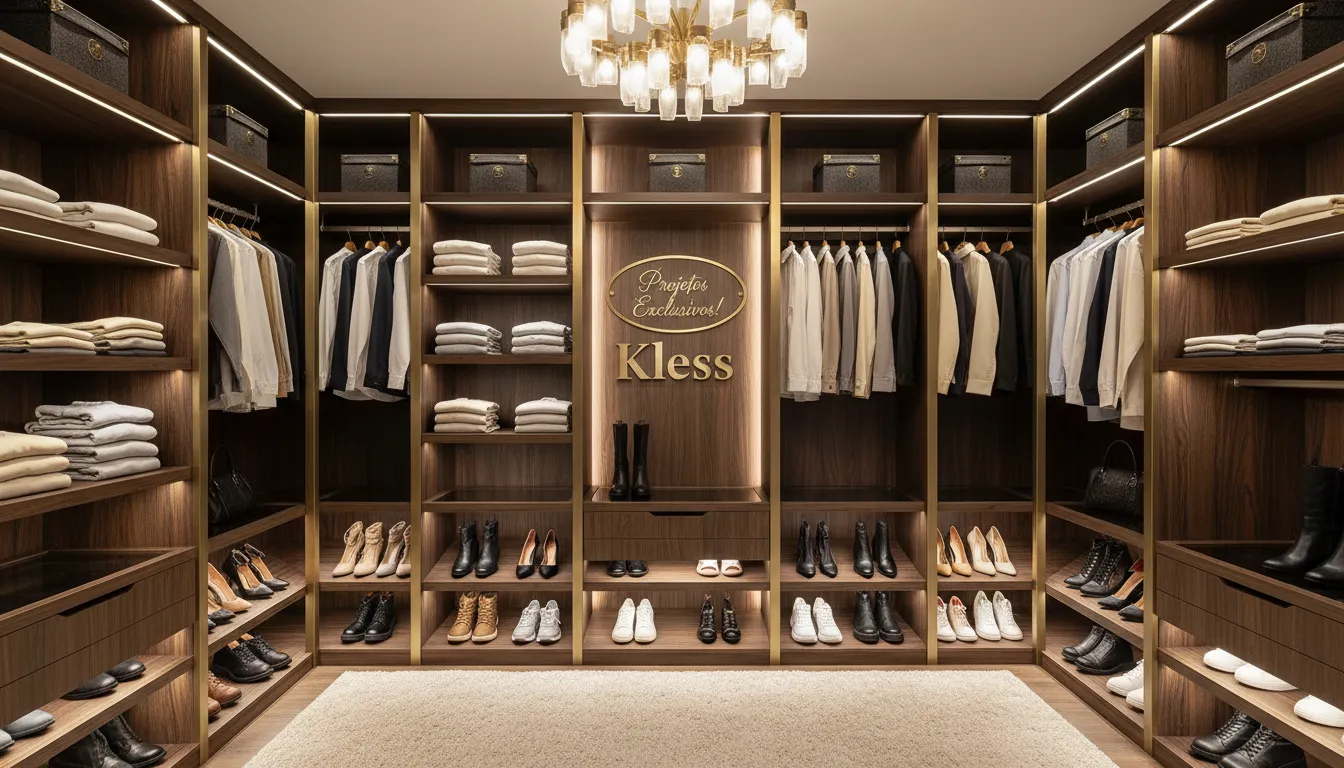 Closet luxuoso com móveis planejados em Sertãozinho, prateleiras e iluminação suave, mostrando a organização e design exclusivo da Kless Sertãozinho.