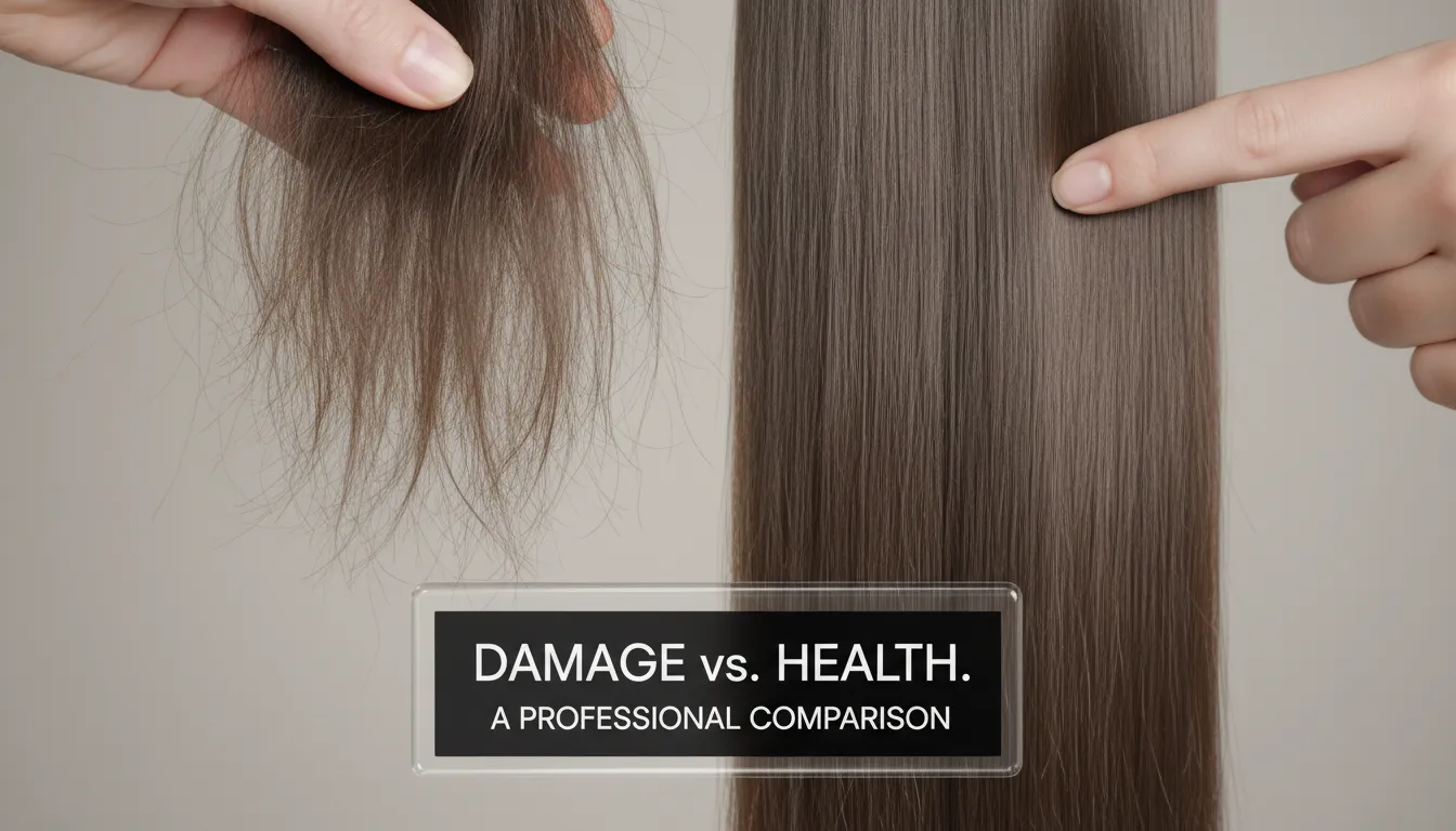Comparativo entre cabelo danificado e cabelo saudável, evidenciando textura áspera e fios brilhantes.