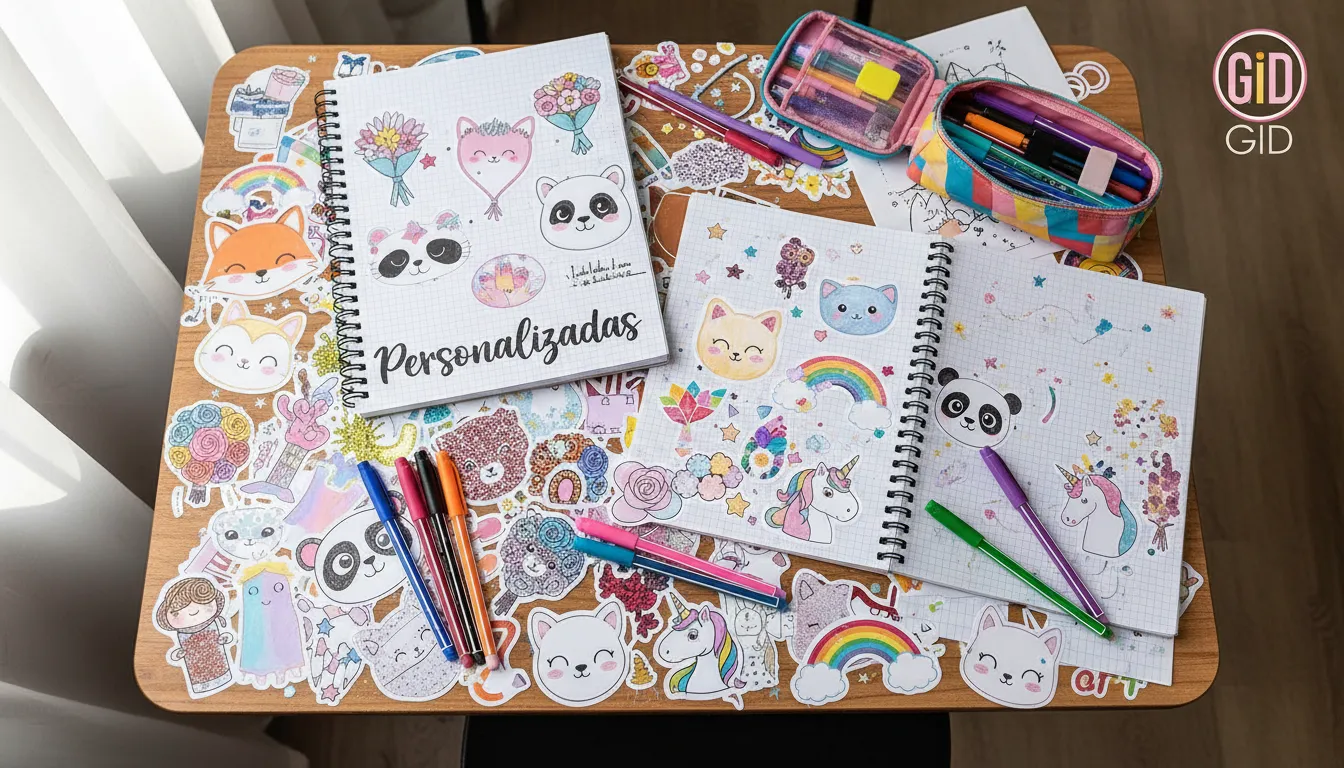 Visão geral de uma mesa com diversos modelos de Etiqueta Escolar Menina da GID, destacando a variedade de temas e a customização dos materiais escolares.