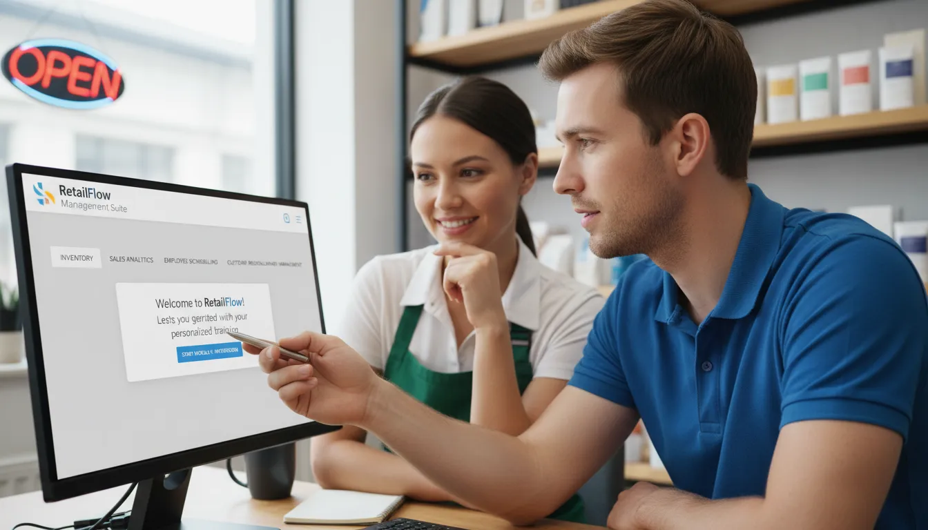 Técnico de suporte orientando gestor sobre novo sistema, transmitindo confiança e parceria no ambiente de loja