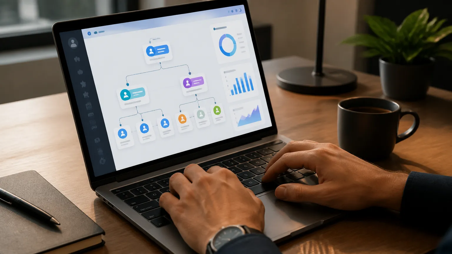 Fluxo de automação e CRM integrado no computador para captar novos leads de vendas.