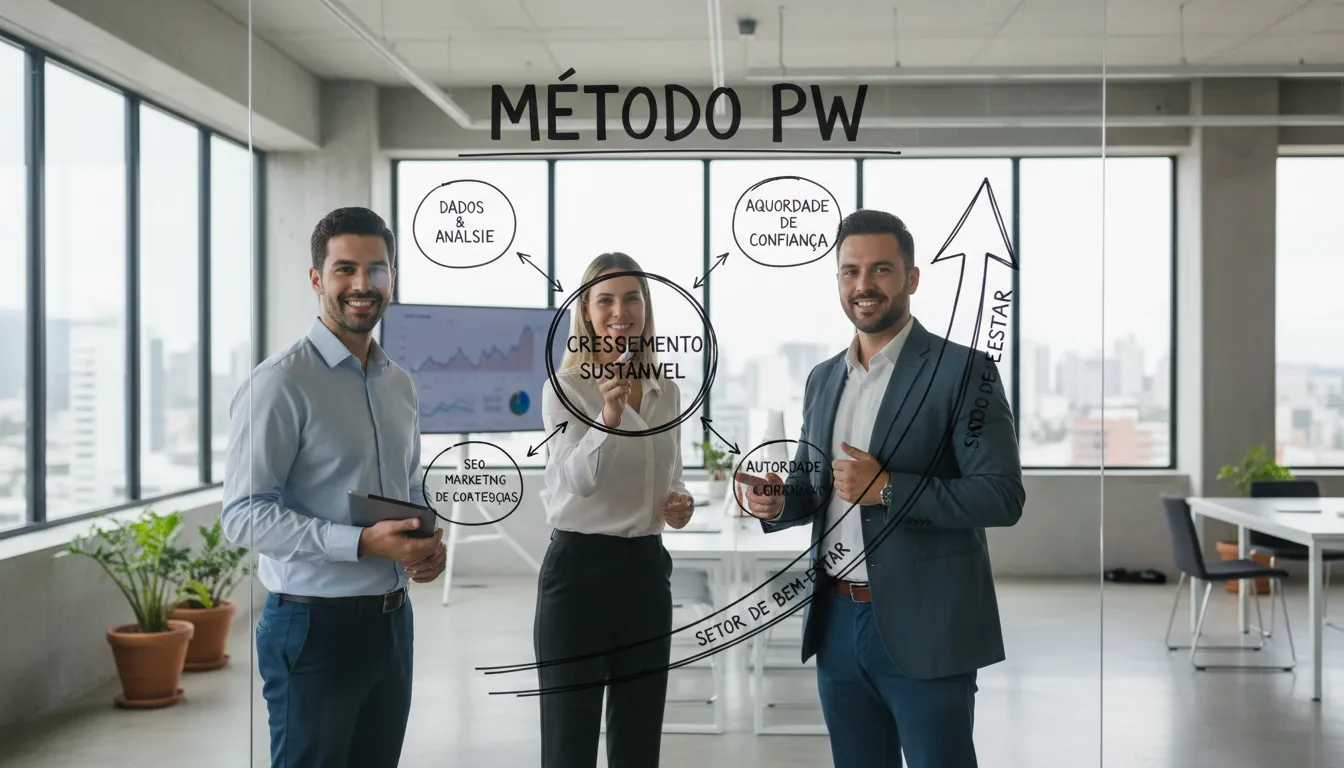 Equipe comercial apresentando o Método PW, um sistema de crescimento que une dados, aquisição de demanda e autoridade no setor wellness, visando reduzir a taxa de churn.