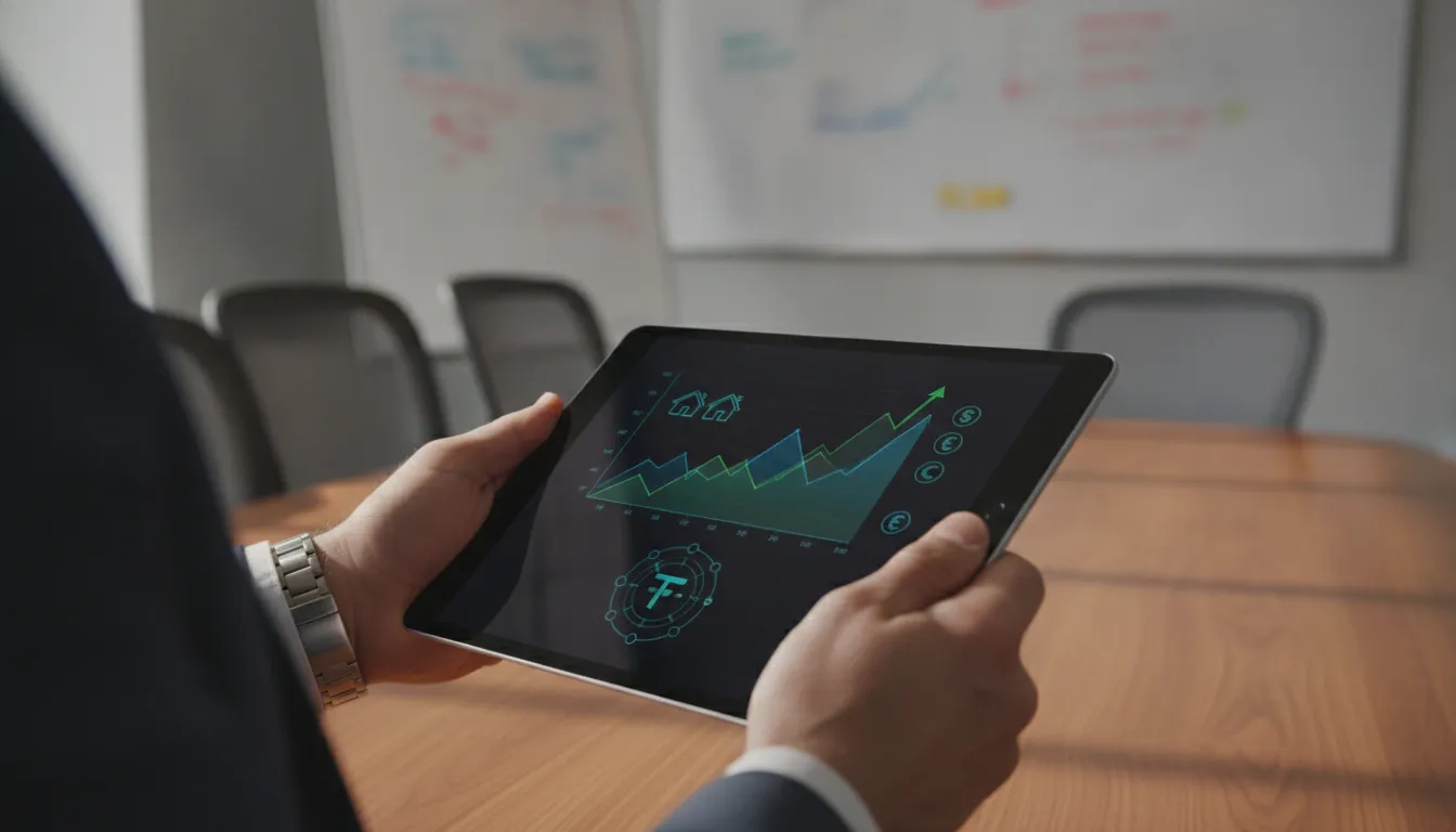 Mão segurando tablet com app financeiro, representando busca por crédito para condomínio. Foco em soluções.