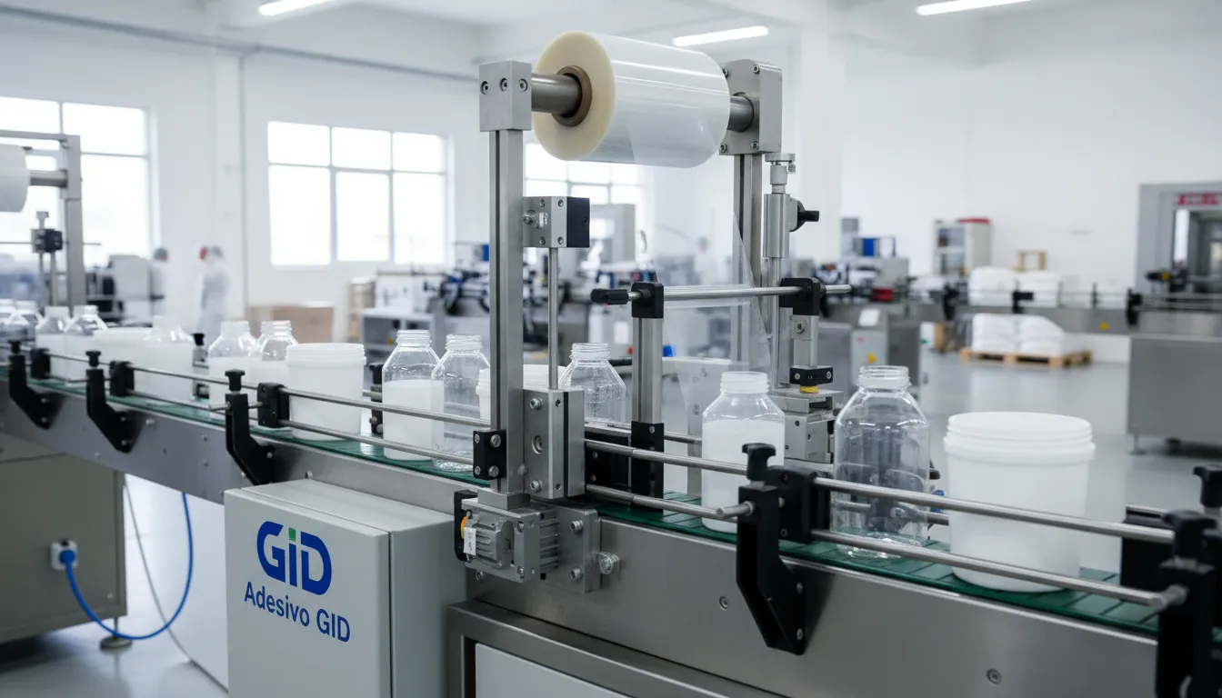 Linha de produção moderna aplicando adesivo bopp transparente em embalagens, com destaque para a precisão e a tecnologia da GID no processo.