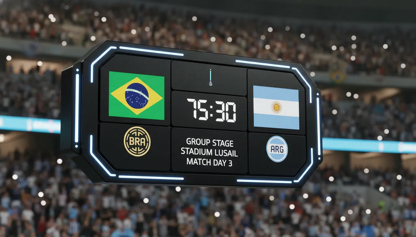 Close de um placar moderno mostrando o resultado copa 2026 de um jogo da Copa do Mundo com as bandeiras dos países.