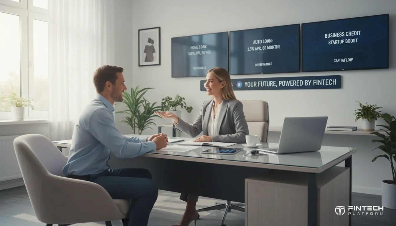 Consumidor em atendimento com consultor financeiro, analisando opções de crédito com apoio de plataforma digital.