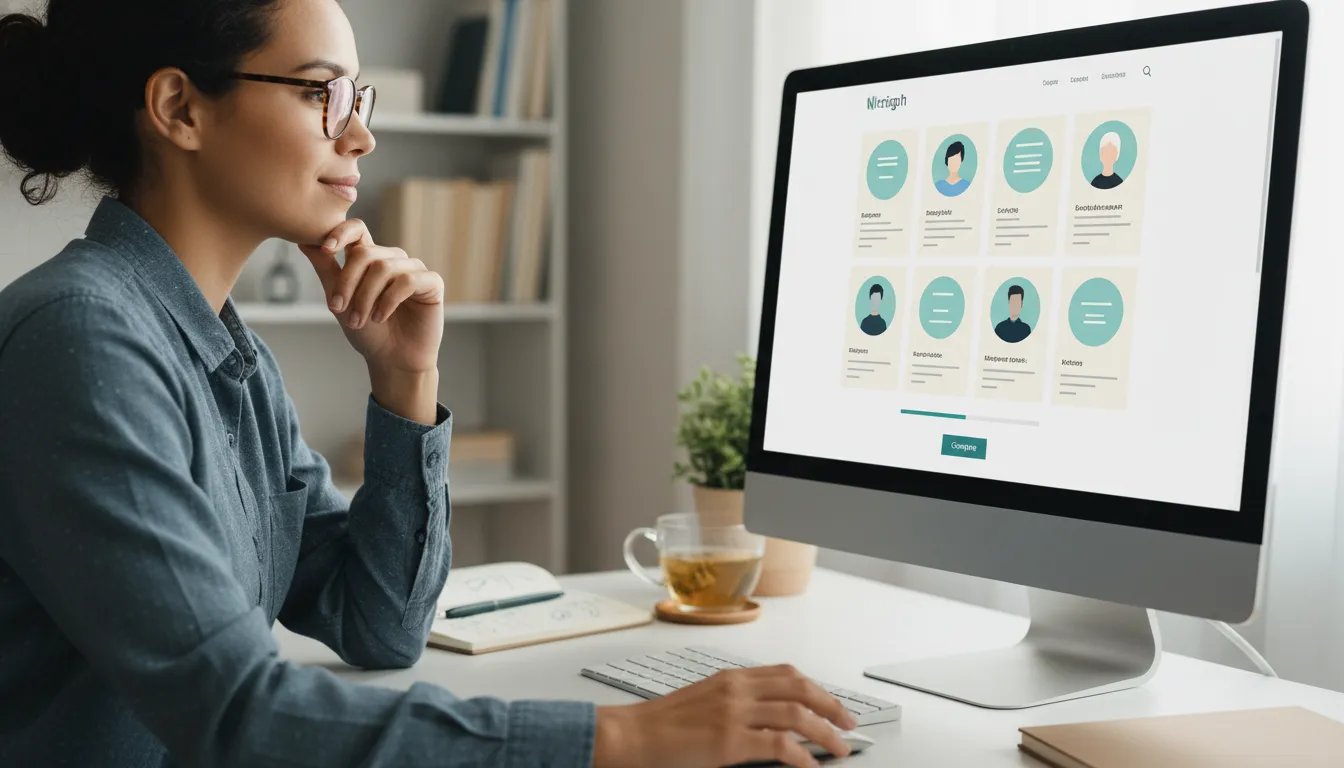 Pessoa navegando em um site de perfis de terapeutas para escolher o profissional ideal para a terapia online.