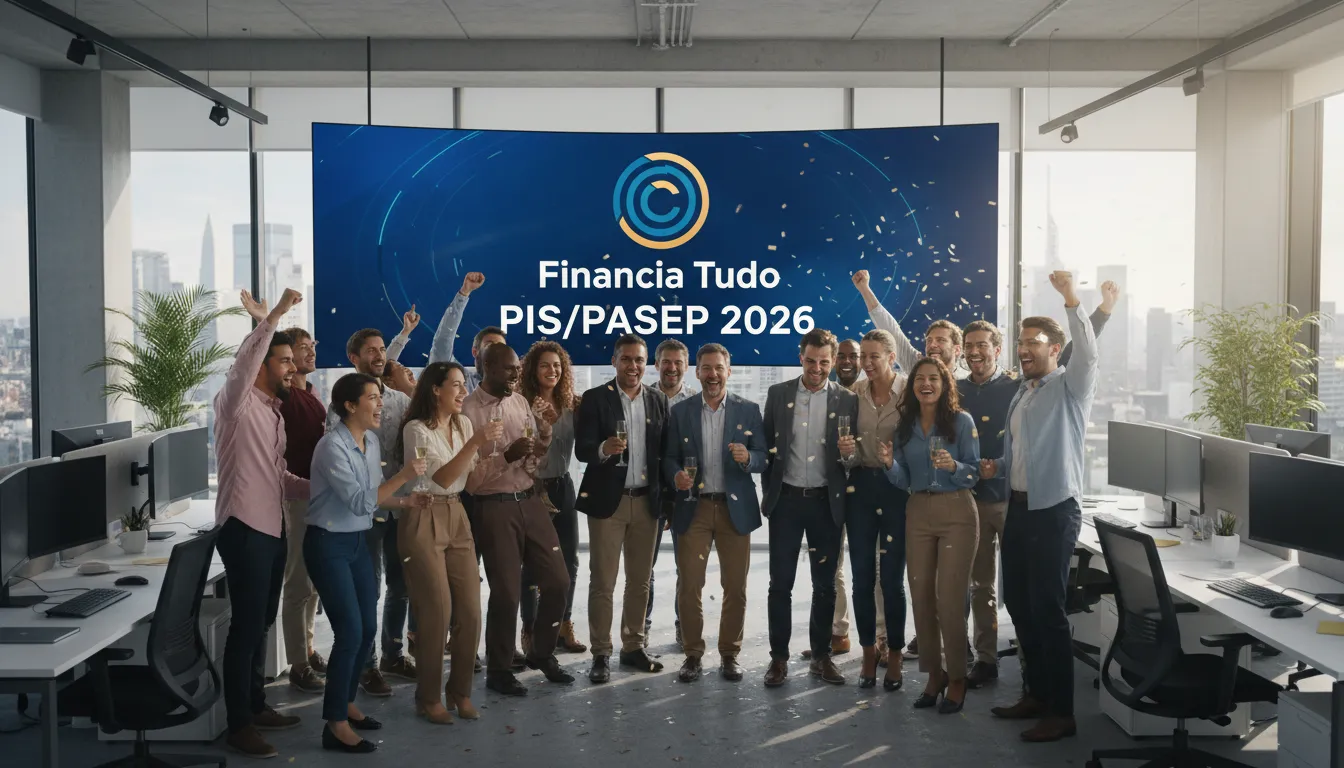 Pessoas comemorando o recebimento do calendário pis pasep 2026 em um ambiente de trabalho moderno, com a marca Financia Tudo em destaque.