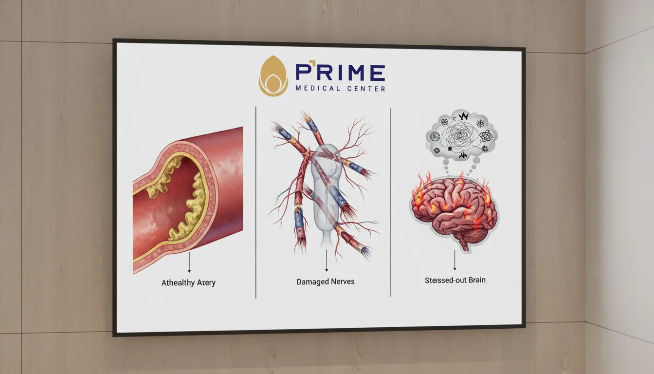 Ilustração detalhada das causas da disfunção erétil, incluindo problemas vasculares, neurológicos e estresse psicológico.