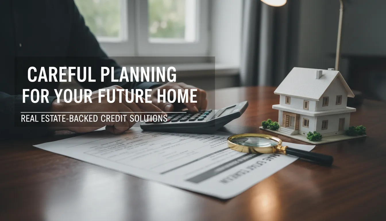 Pessoa analisa documentos financeiros com maquete de casa ao lado, simbolizando planejamento em crédito imobiliário.