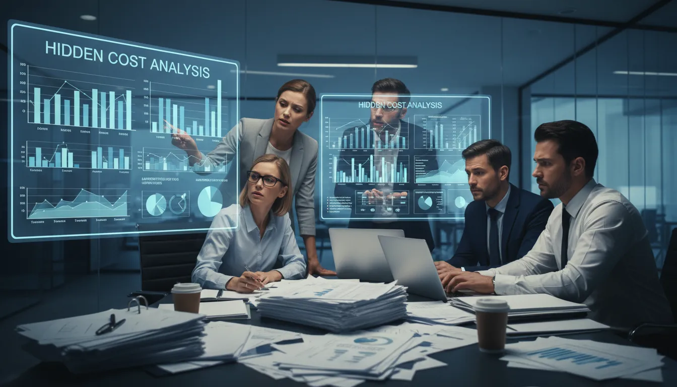 Equipe reúne-se em frente a gráficos para identificar custos ocultos por desorganização administrativa