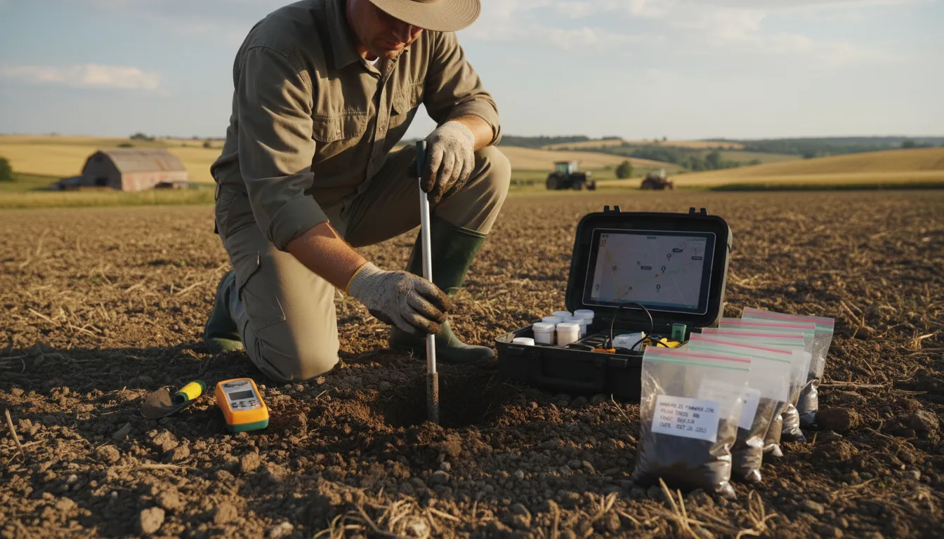 Análise do solo em destaque, com agricultor coletando amostras em ambiente rural.
