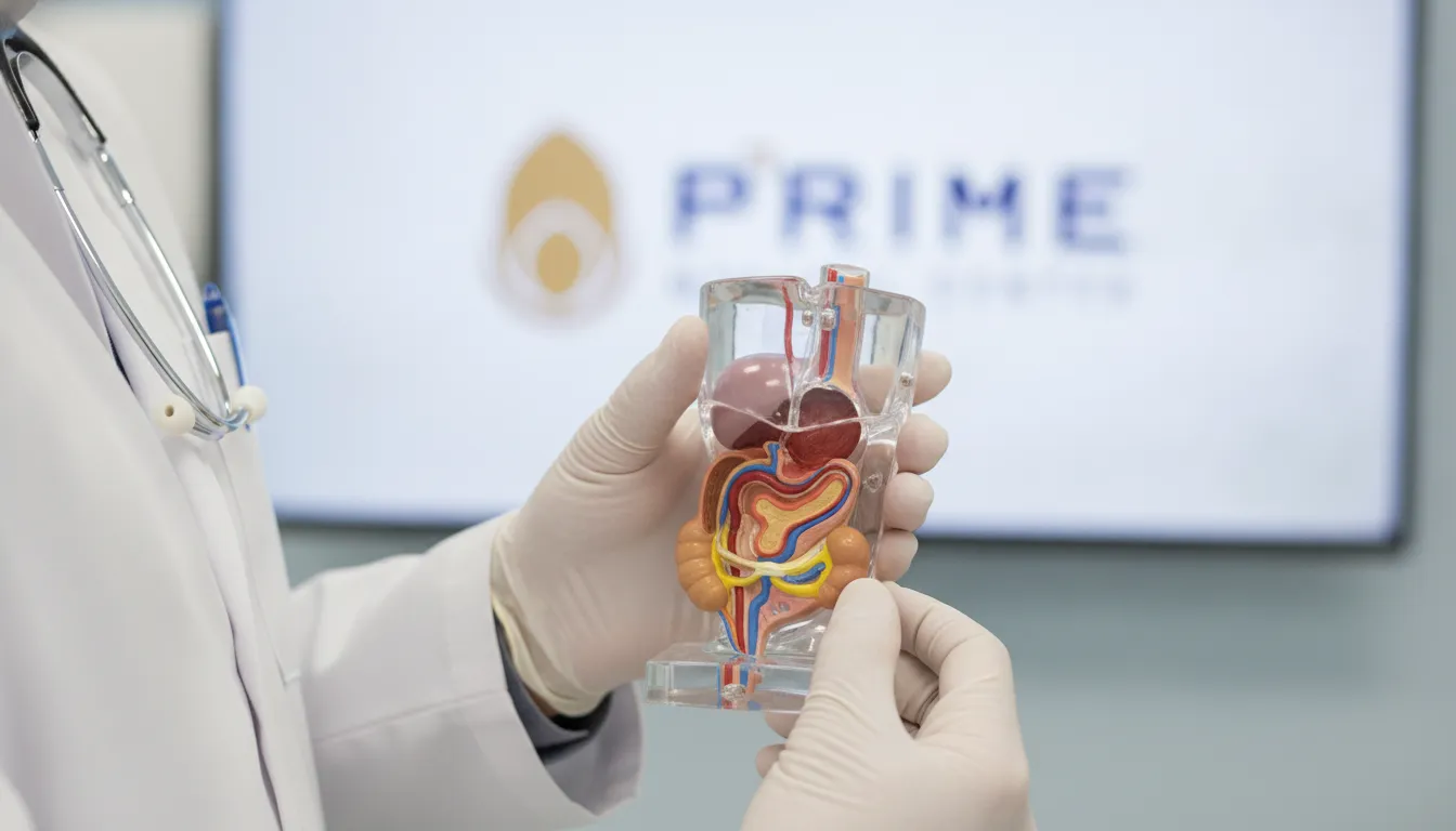 Mãos de médico com luvas segurando modelo anatômico da próstata, explicando o exame de próstata.