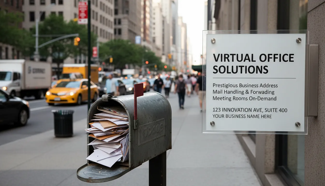 Comparativo entre caixa de correio e escritório virtual em rua de cidade americana para empresas.