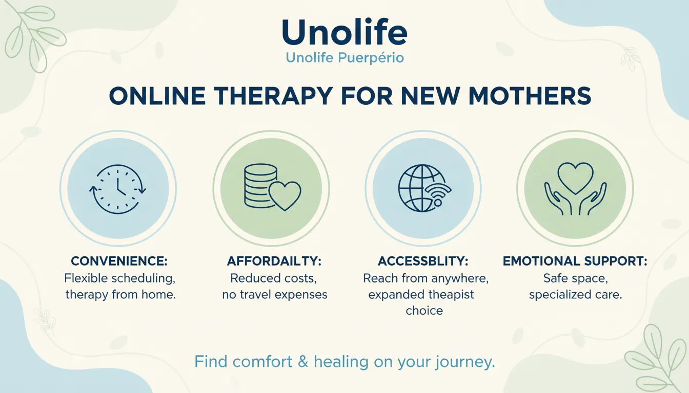 Infográfico sobre os benefícios da terapia online Unolife para mulheres no puerpério: conveniência, acessibilidade e apoio emocional. A terapia online oferece suporte especializado para a saúde mental materna.