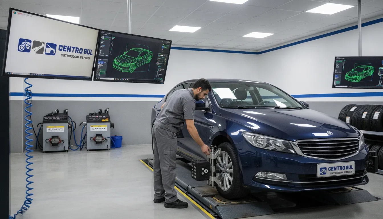 Técnico realiza geometria 3D em centro automotivo moderno, garantindo performance e segurança com pneu recauchutado.