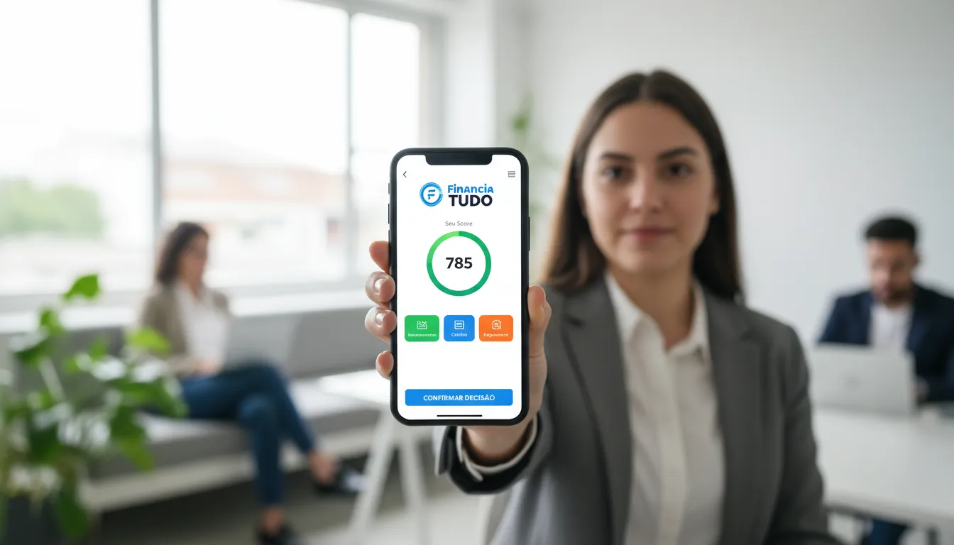 Mulher confiante após consultar cpf grátis e tomar decisões financeiras informadas com app Financia Tudo.