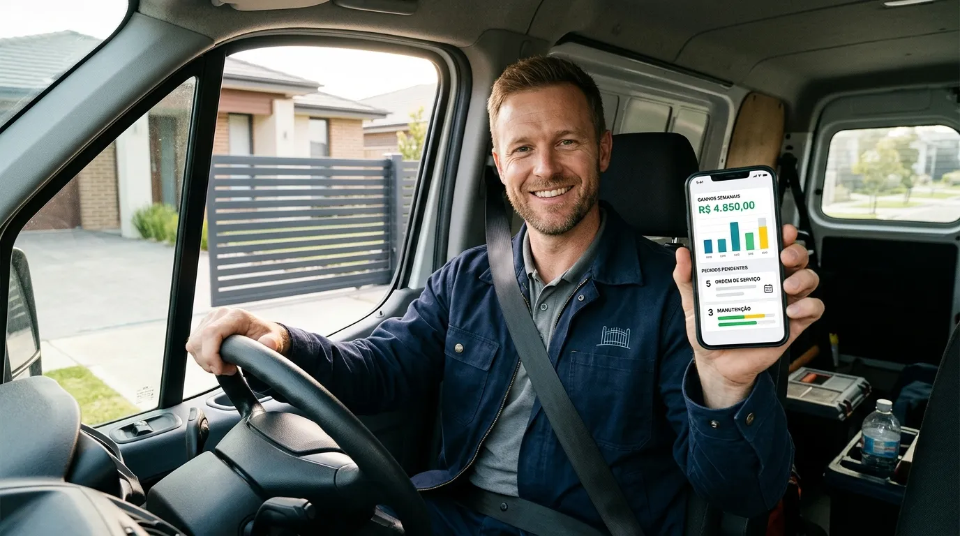 Instalador de portões gerencia lucros na dashboard financeira do celular dentro do veículo.