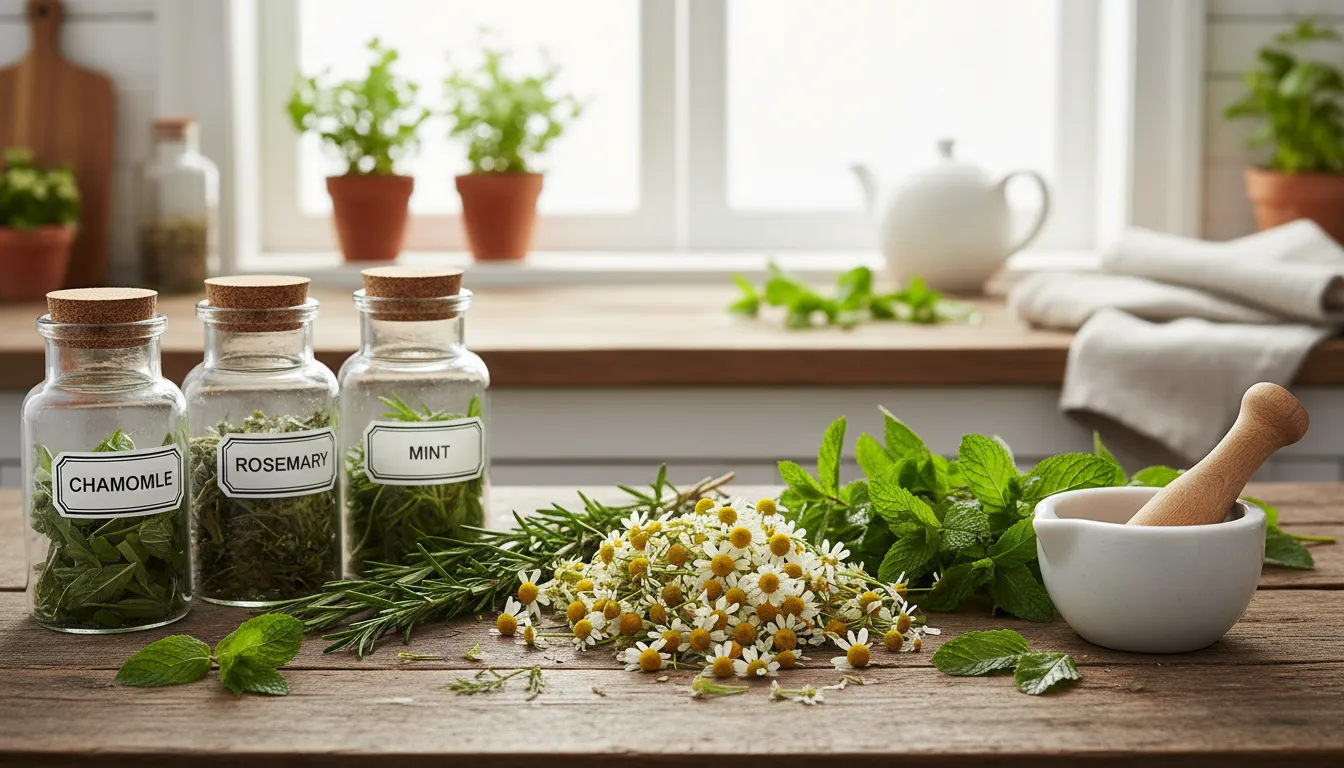 Plantas medicinais variadas organizadas com utensílios de preparo em ambiente iluminado de cozinha.