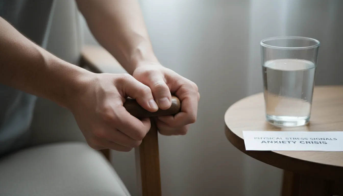 Mãos tensas segurando uma cadeira, evidenciando sinais físicos de ansiedade intensa.