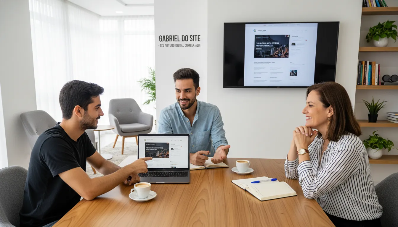 WordPress 2026: As Novidades e Como Aproveitar 3 Consultores da Gabriel do Site apresentando soluções digitais personalizadas a cliente em notebook