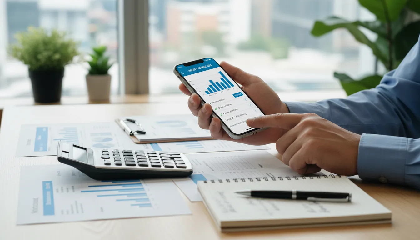 Mesa organizada com documentos e celular exibindo score de crédito para análise financeira.