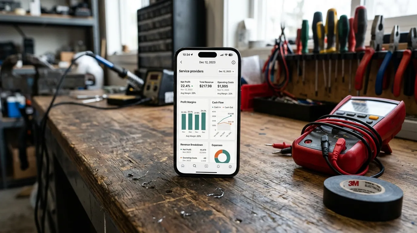 Celular com modelo de dashboard financeiro ao lado de ferramentas de eletricista.